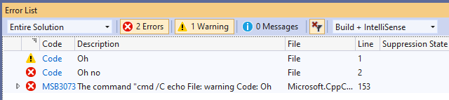 Custom warning and error messages in a Post-Build Event in Visual Studio