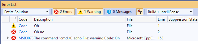 Emitting custom warnings/errors in Visual Studio custom build events