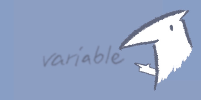 A familiar dinosaur pointing at a slightly out-of-focus word "variable" in the back