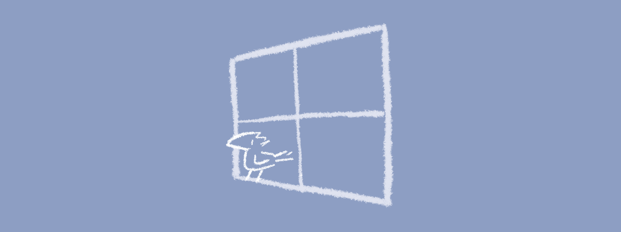 A doodle of a bird sitting on a windowsill of a Windows' logo window