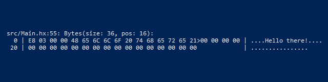 Example output from the function showing contents of a Bytes buffer.