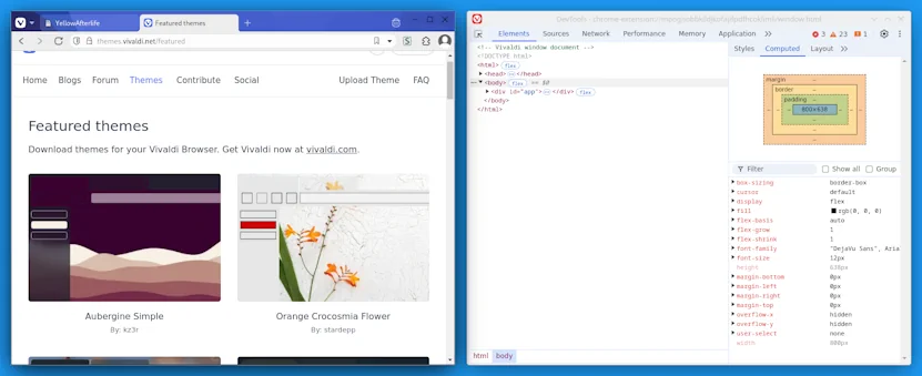 A Vivaldi window with a custom frame and shadow next to a fixed DevTools window.