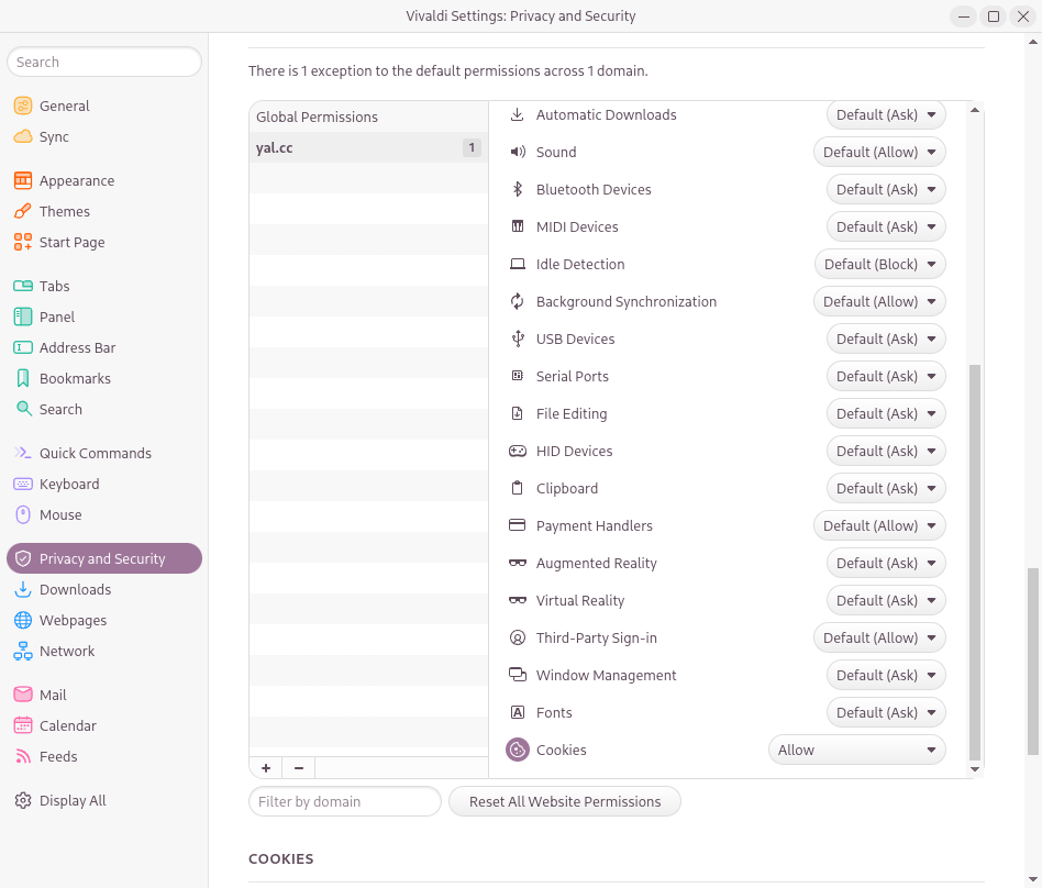 Vivaldi Settings: Privacy and Security with a Cookies exception added for yal.cc