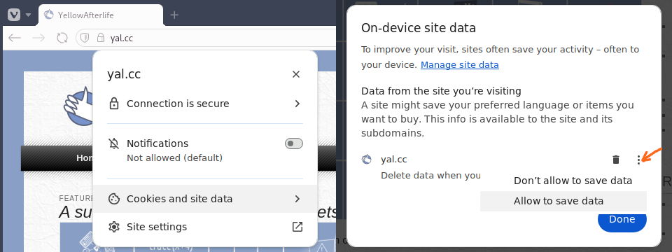 Two screenshots showing the steps required to exclude a domain from the "delete cookies on browser exit" setting