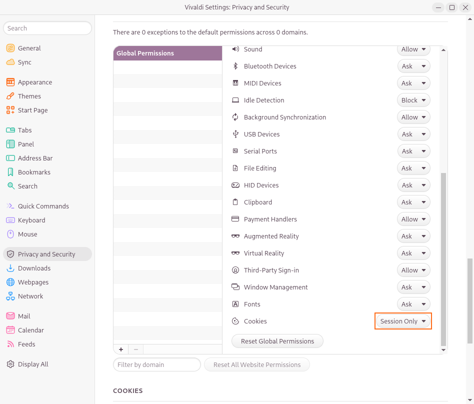 Vivaldi Settings: Privacy and Security with Cookies set to "Session Only"