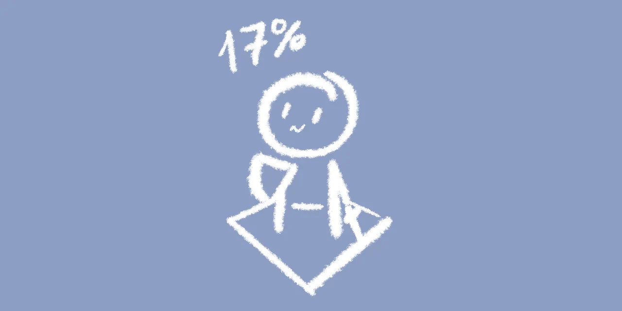 A person with a sword and a shield stands on an isometric tile and cluelessly looks at a "17%" label above them