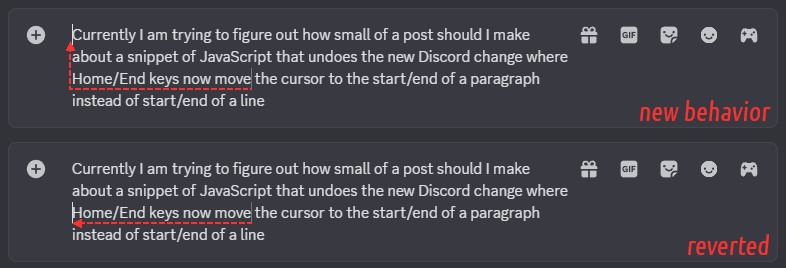 Two screenshots show what this post is about: the new behaviour is that pressing Home in a word-wrapped paragraph moves the caret to the beginning of the paragraph. With change reverted, pressing Home moves the caret to the beginning of the line again.