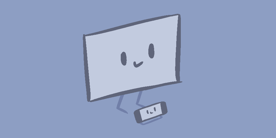 A drawing shows a SteamDeck in a dock below a monitor.
Both SteamDeck and the monitor have a silly face on their screens.