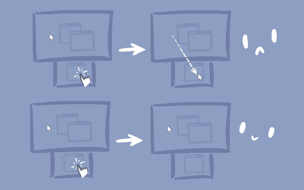 A diagram shows what's this post is about:

Out of box, tapping a touchscreen display on Windows can move the cursor to touch location and leave it there, which can be an inconvenience on multi-display setups.

I made a macro that moves the cursor back to where it was before touching the screen.