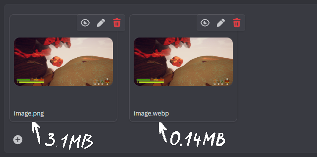 An annotated screenshot showing the same screenshot being 3.1 MB in PNG format and 140 KB in WEBP format when pasted into Discord.